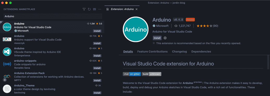 Search for "Arduino" in the Extensions panel