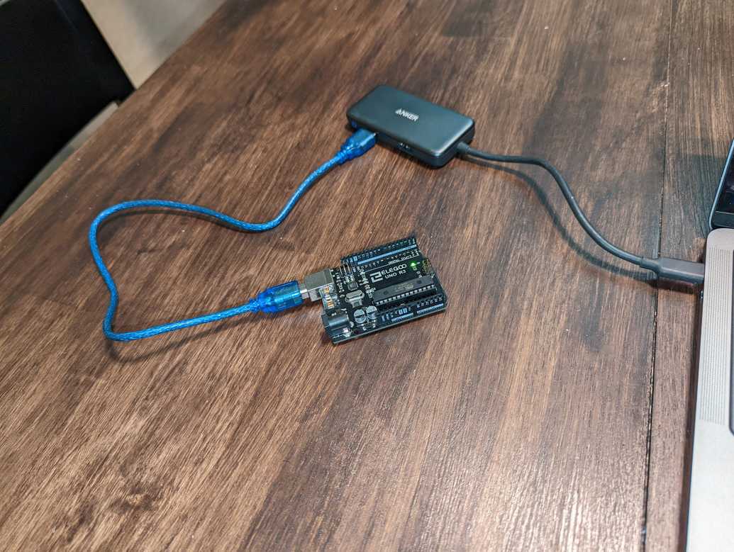 My Arduino Uno plugged into a USB adapter